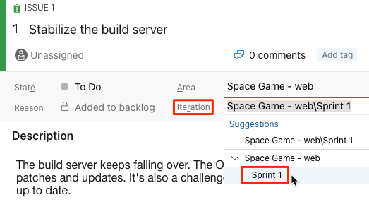 Screenshot of Azure Boards showing the ___location of the Sprint 1 iteration.