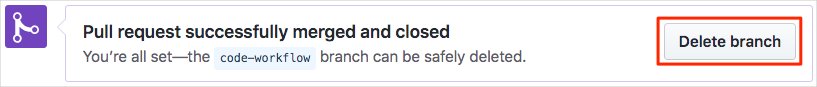 Screenshot of GitHub showing the ___location of the Delete branch button.