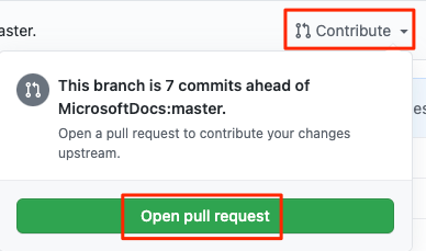 Screenshot of GitHub showing the ___location of the Open pull request button.