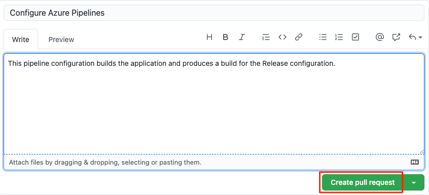 Screenshot of GitHub showing the pull request description and the ___location of the Create pull request button.