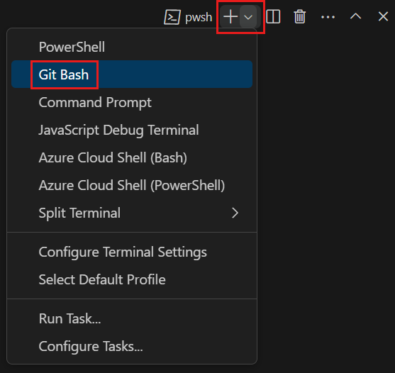 A screenshot of Visual Studio Code showing the ___location of the Git Bash shell.