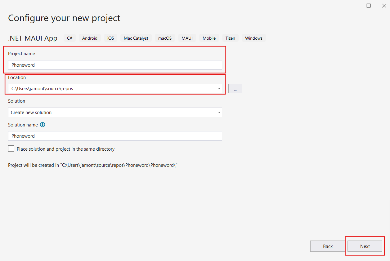 A screenshot of the Configure your new project dialog box. The user names the project Phoneword and selects a ___location on their hard drive to store it.