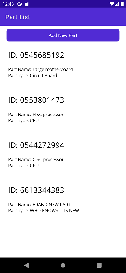 A screenshot of the app running after a new part is added. The new part is at the bottom of the list.