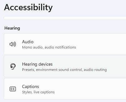 Screenshot of hearing settings in Windows.