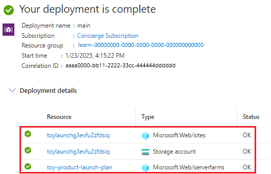 Screenshot of the Azure portal interface for the specific deployment, with storage account and App Service resources listed with generated names.