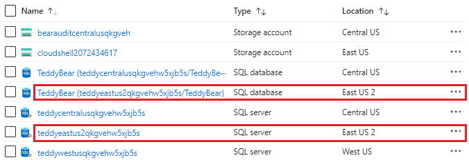 Screenshot of the Azure portal, showing the deployment of the logical servers and databases in various locations.