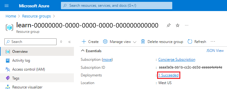 Screenshot of the Azure portal interface for the resource group overview, with the deployments section showing that one succeeded.