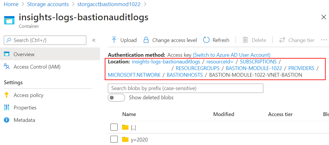 Screenshot of the insights logs for Azure Bastion that shows the folder ___location level is at the Azure Bastion host resource.