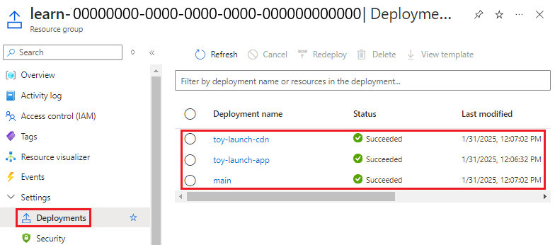 Screenshot of the Azure portal that shows the resource group, with the Deployments menu item highlighted.