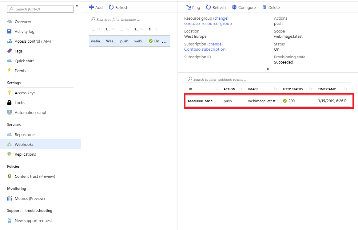 Screenshot of the webhook showing the push event.