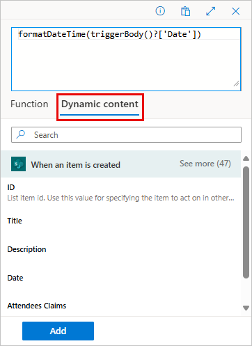 Screenshot of the Dynamic content option highlighted.
