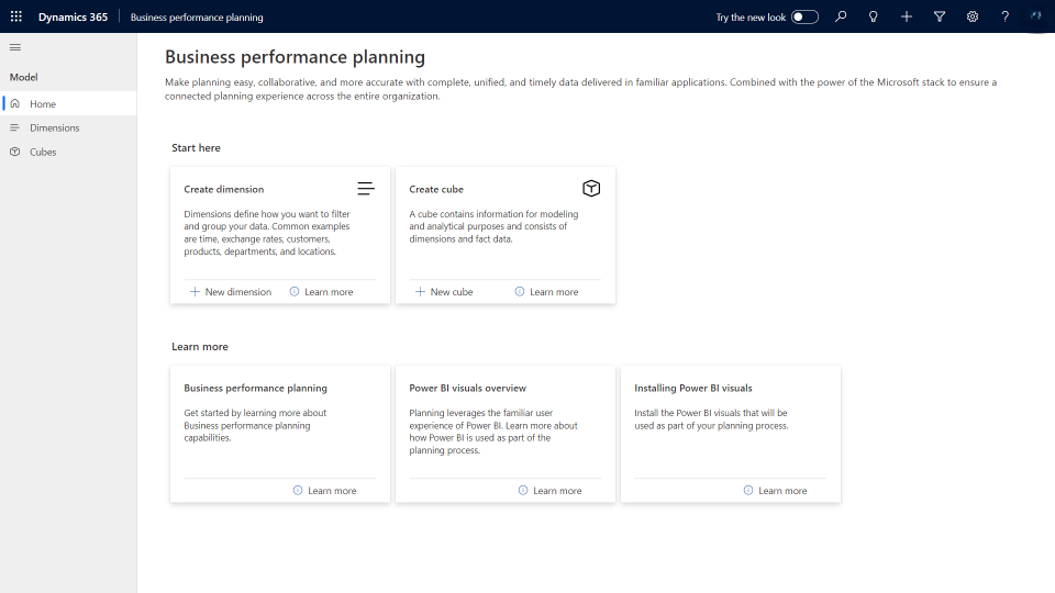 Screenshot of the Business performance planning Home page, showing the Create dimension tile.
