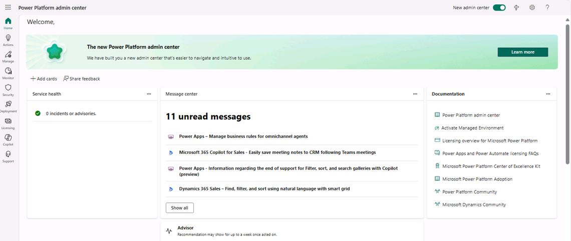 Screenshot of the new and improved Power Platform admin center.