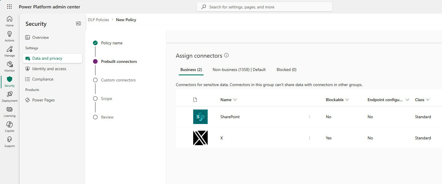 Screenshot of Microsoft Power Platform Admin center Data policies page on the Assign connectors step showing X and SharePoint connectors.