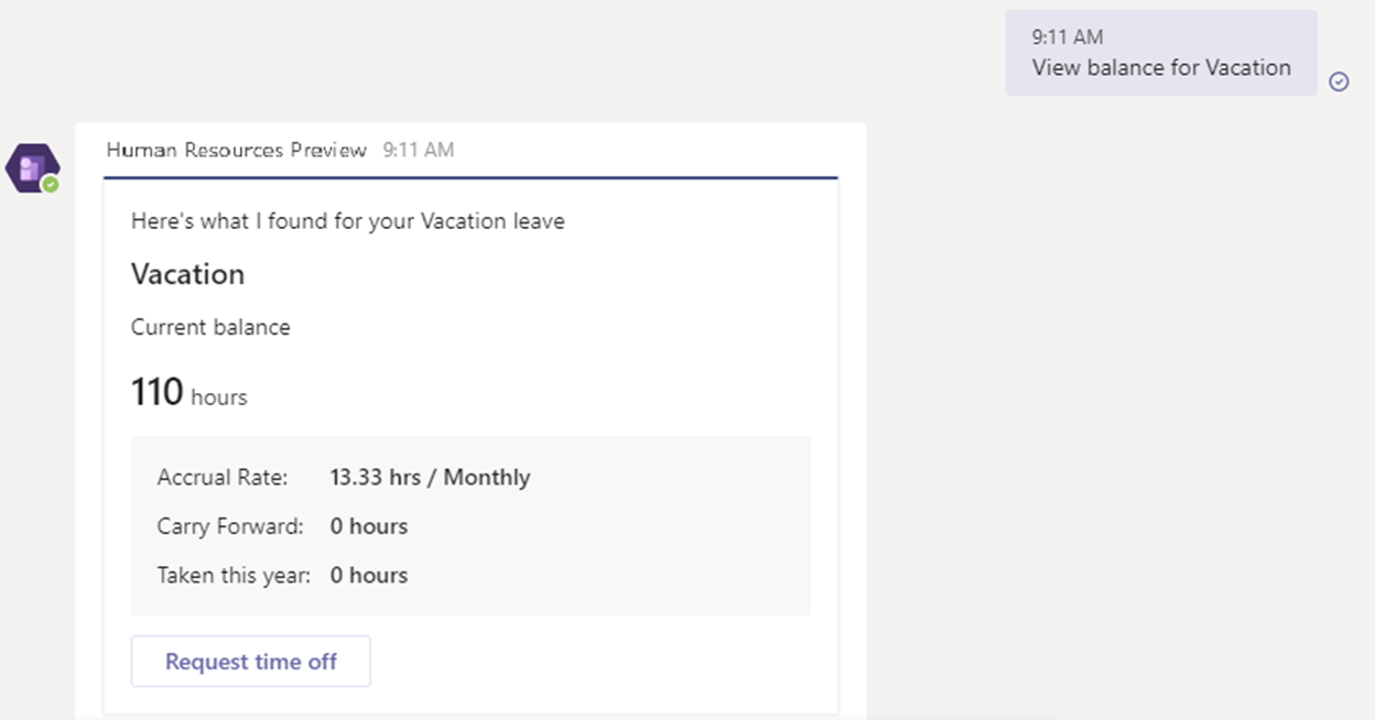 View balances in the Dynamics 365 Human Resources Teams app.