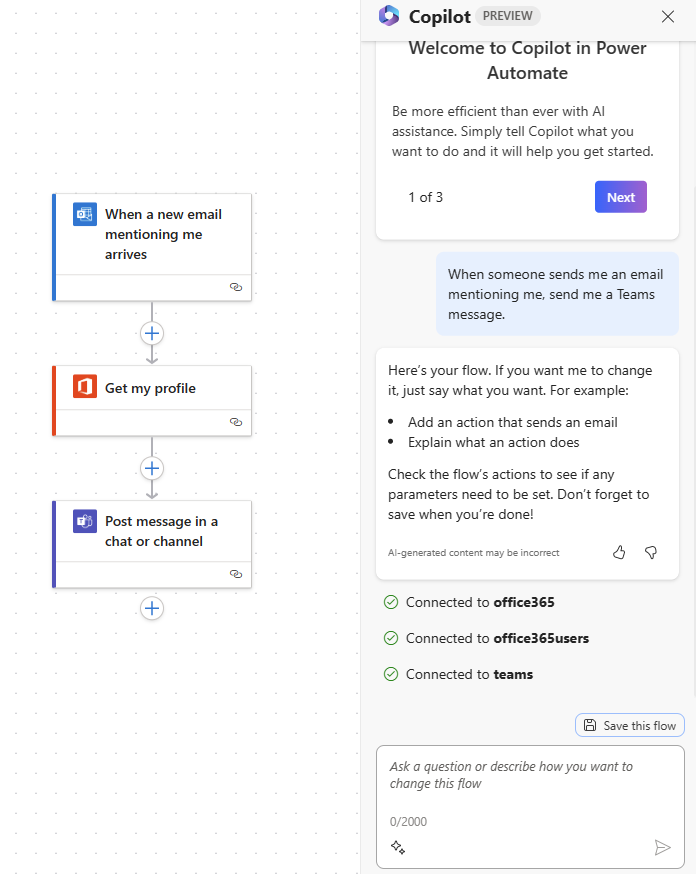 Screenshot of a Copilot chat to help build a flow.