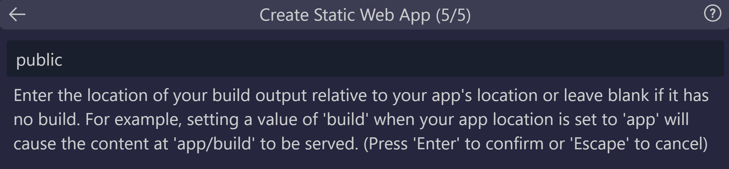 Screenshot showing how to enter the build output ___location for Svelte.