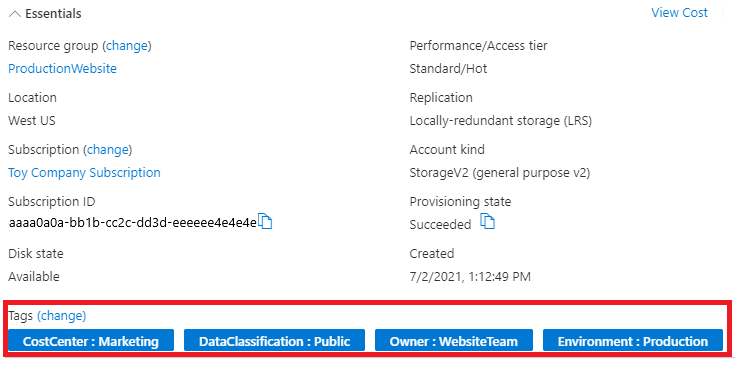 Screenshot of the Azure portal for a storage account, showing the ___location of tags.