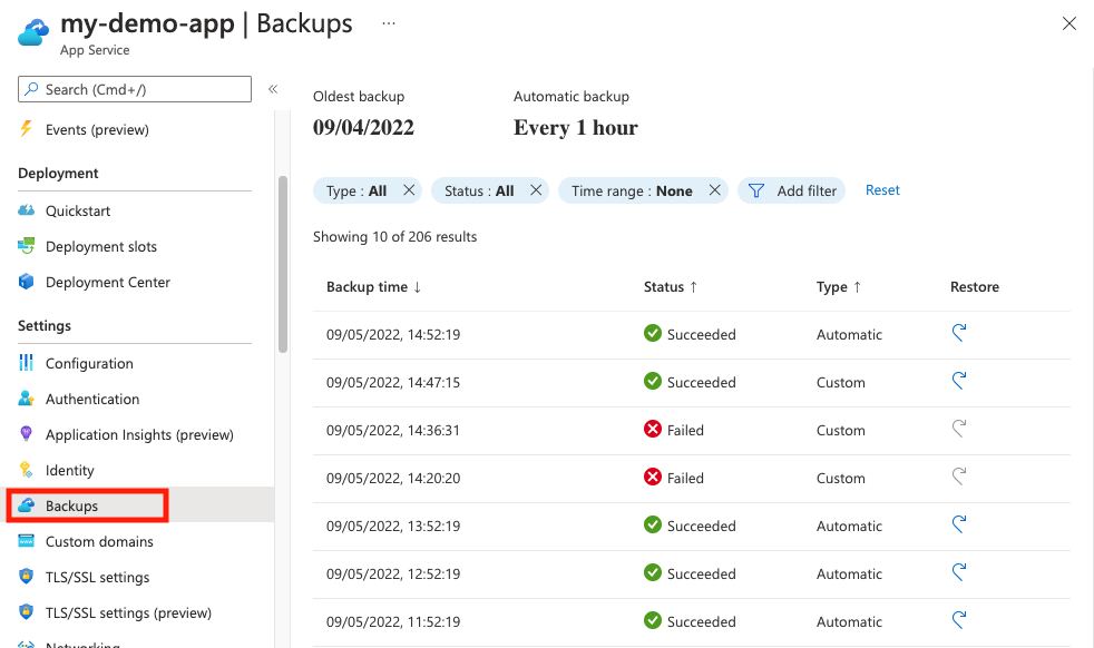 Screenshot showing the app service backup page in the portal.