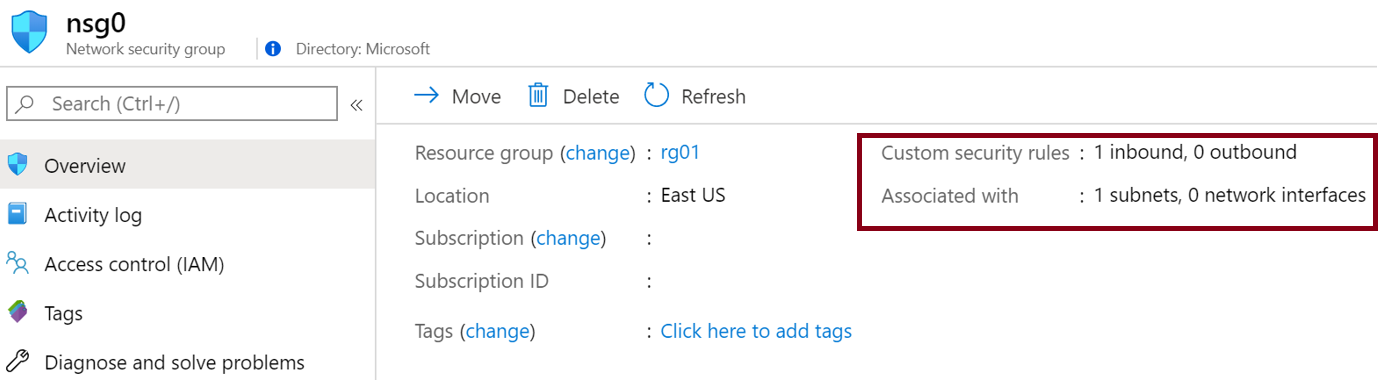 Screenshot that shows details for a network security group for a virtual machine in the Azure portal.