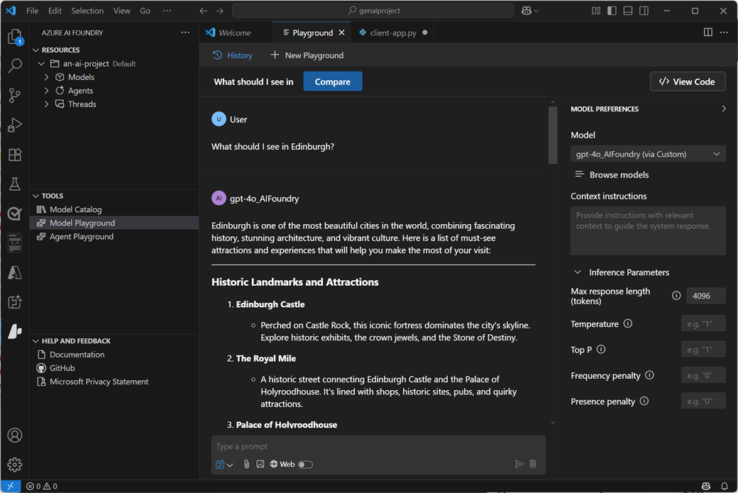 Screenshot of the Azure AI Foundry Visual Studio Code extension.
