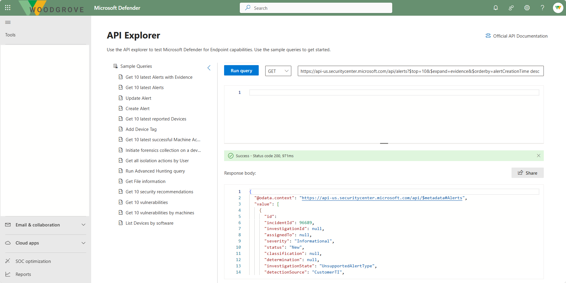A screenshot of the API explorer page in the Microsoft Defender portal.