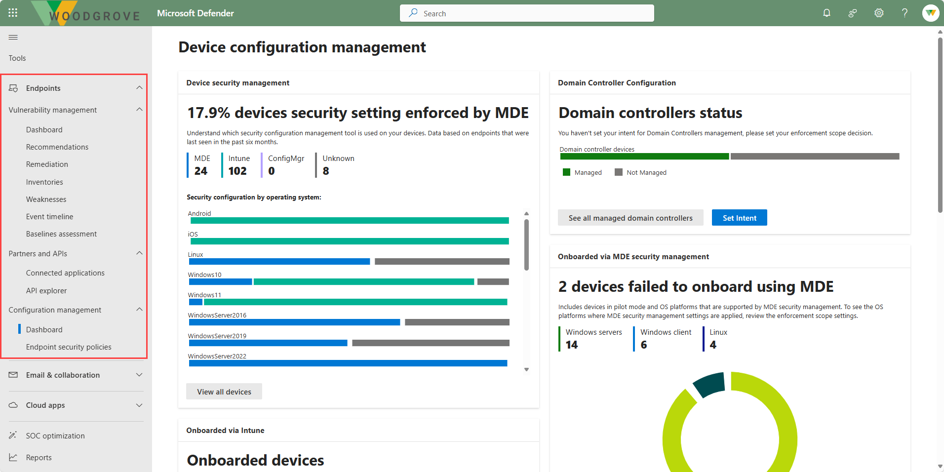 A screenshot of the configuration management dashboard page in the Microsoft Defender portal.