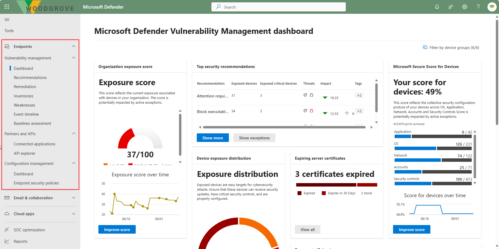 A screenshot of the vulnerability dashboard page in the Microsoft Defender portal.