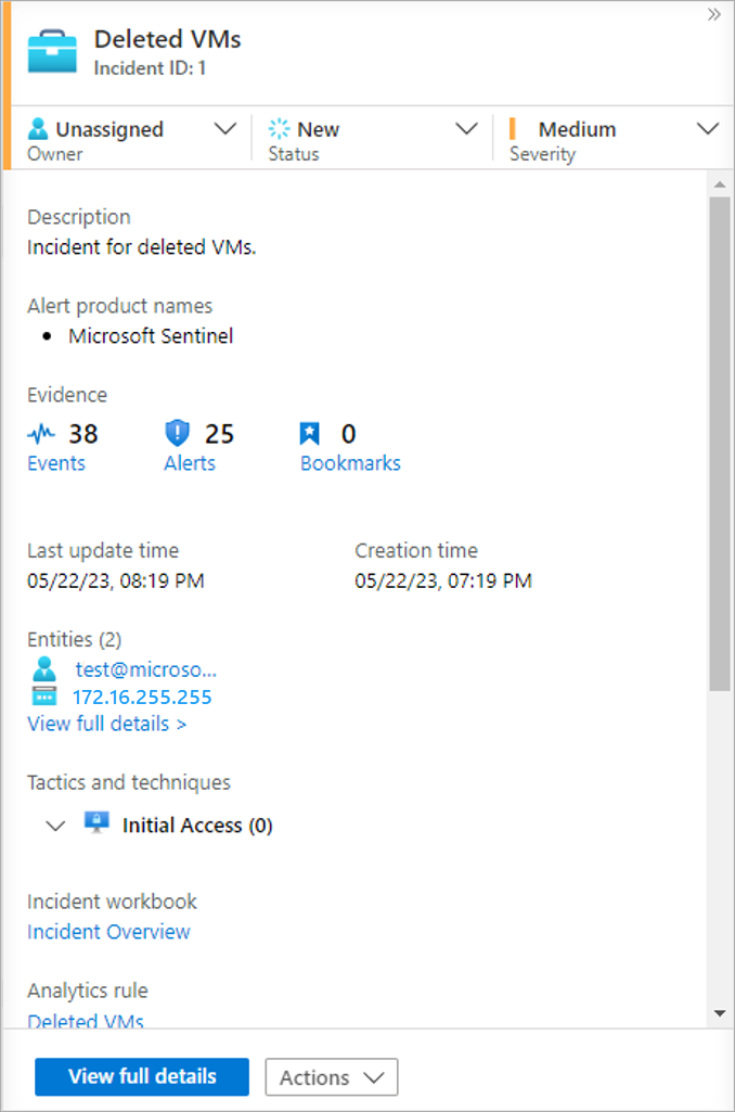 Screenshot of the incident details pane.