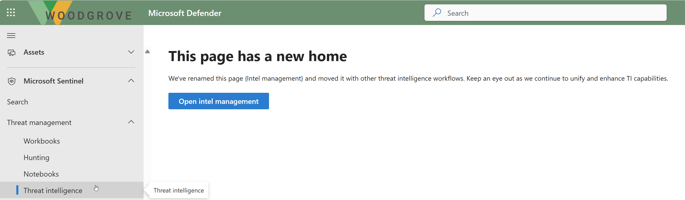 Screenshot of the this page has a new home message for Threat Intelligence in Microsoft Sentinel.