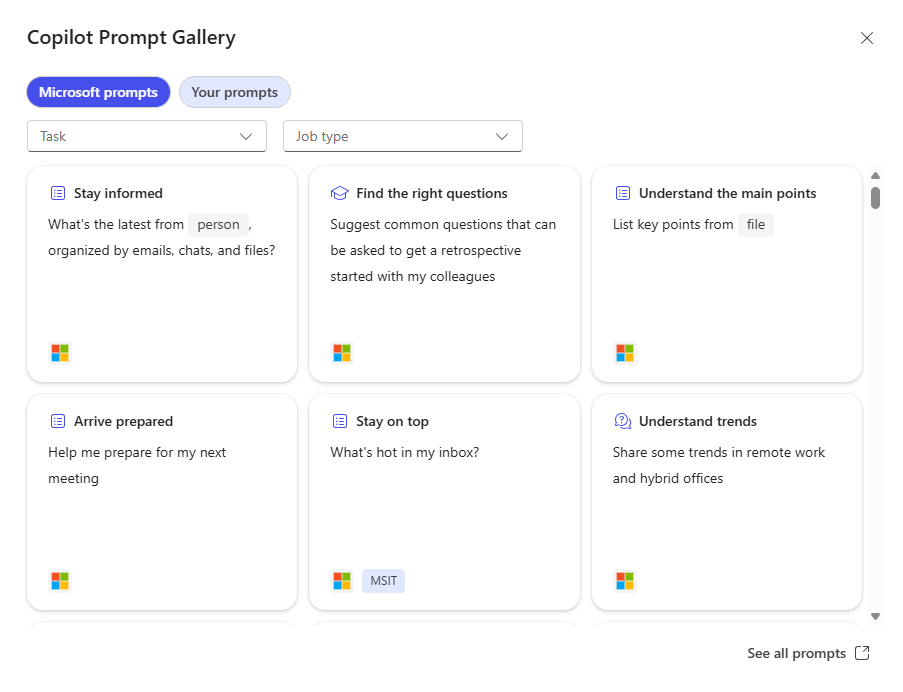 Screenshot of the Copilot Prompt Gallery window with the Microsoft prompts tab displayed.
