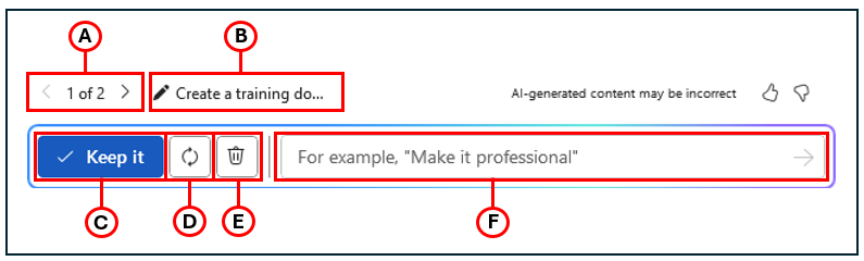 Screenshot showing the Copilot in Word window with all the options highlighted and labeled.