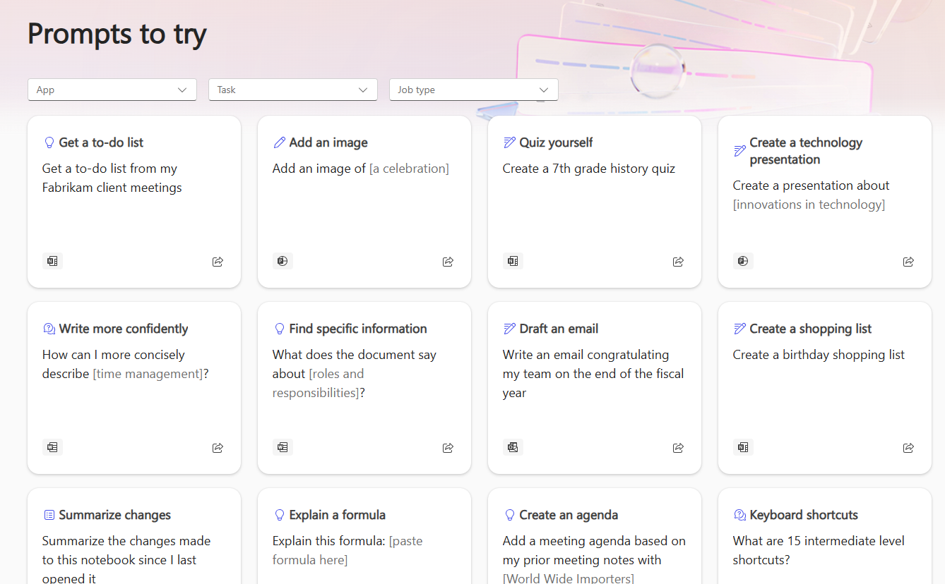 Screenshot of the Prompts to-try screen showing tiles containing all the system prompts.