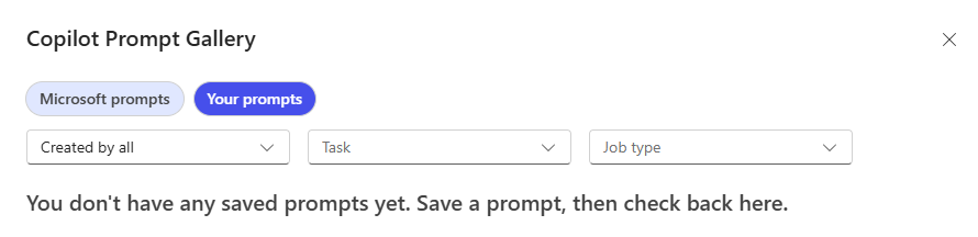 Screenshot of the Your prompts tab on the Copilot Prompt Gallery window showing a message indicating you don't have any saved prompts.