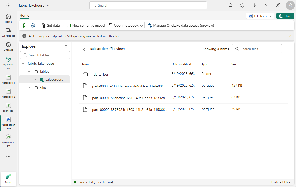 Screenshot of the files view of the parquet files in the salesorders table viewed through Lakehouse explorer.