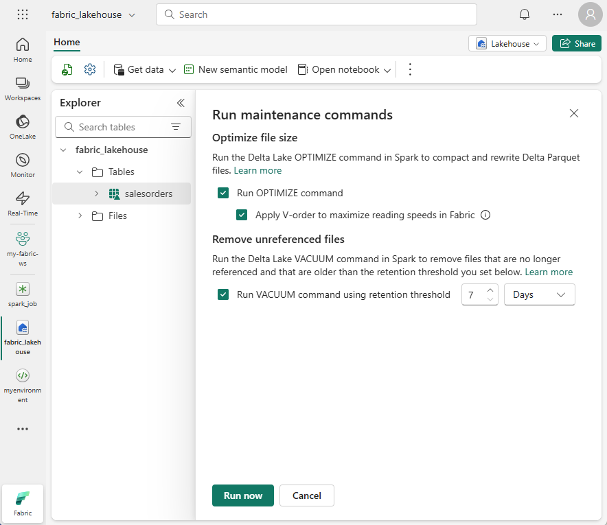 Screen picture showing the table maintenance options.