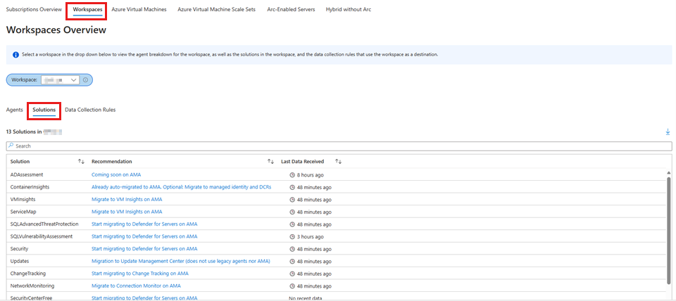 Azure portal screenshot of the Solutions tab of the Workspaces Overview section the Azure Monitor Agent Migration Helper workbook.