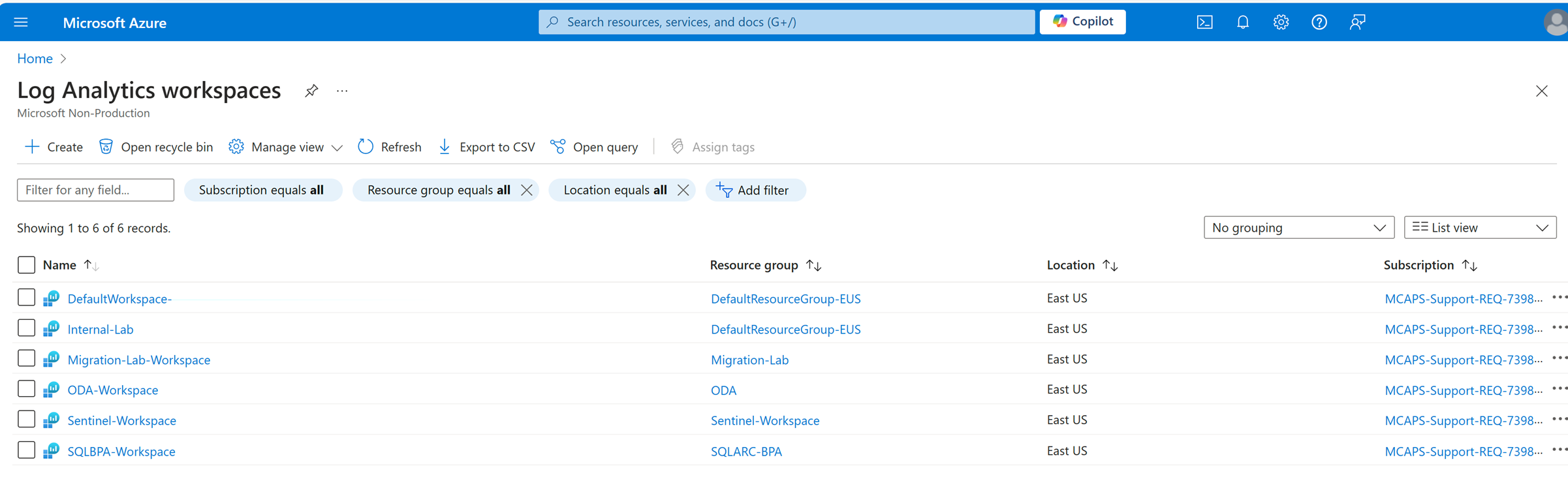 Azure portal screenshot of the Log Analytics workspaces page.