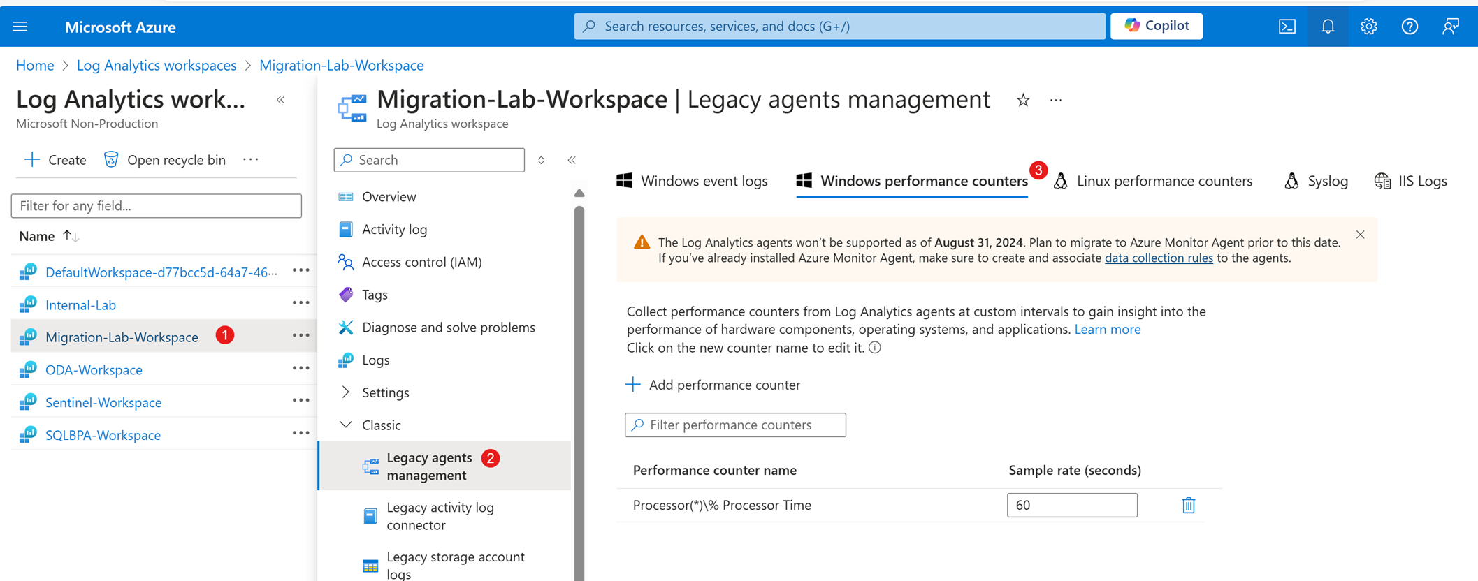 Azure portal screenshot of the Windows performance counters tab.