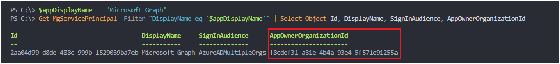 Screenshot of the output of a request to show the Microsoft Entra service principal via Microsoft Graph PowerShell SDK.
