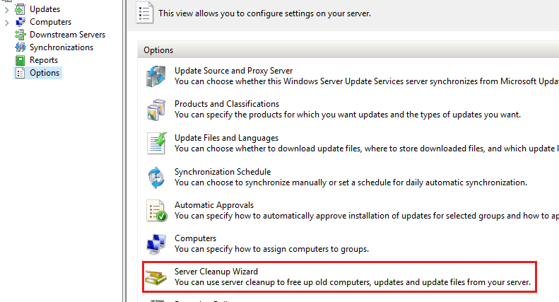 Screenshot of the WSUS Server Cleanup Wizard ___location page.