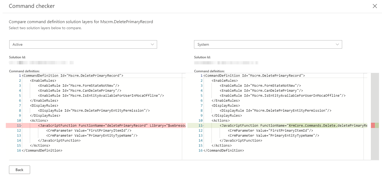 Screenshot shows the comparison of the current active definition and the previous inactive definition.