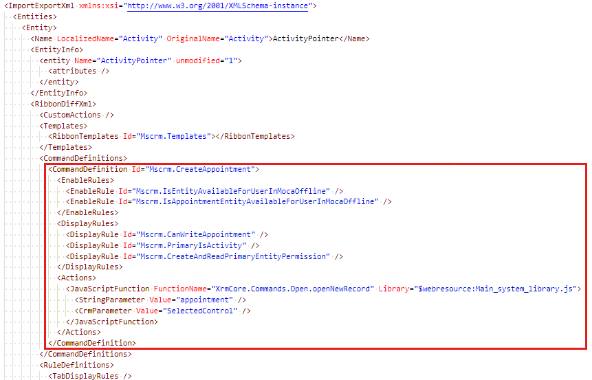 Screenshot shows the ___location of the CommandDefinition node.