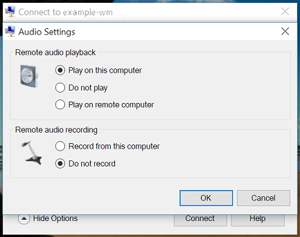 Screenshot of the Audio settings page. Remote audio is set to play on this computer, and remote audio recording is turned off.