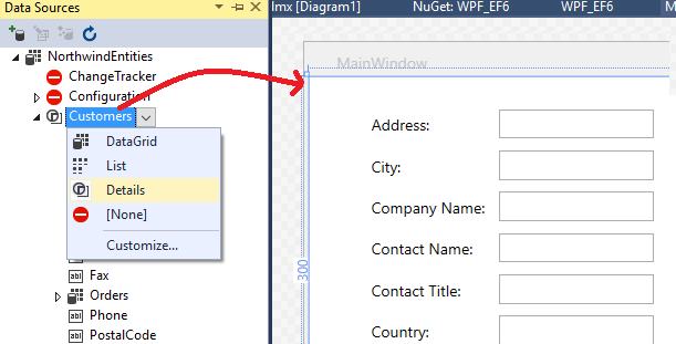 Screenshot that shows Customers data source binding to individual controls.