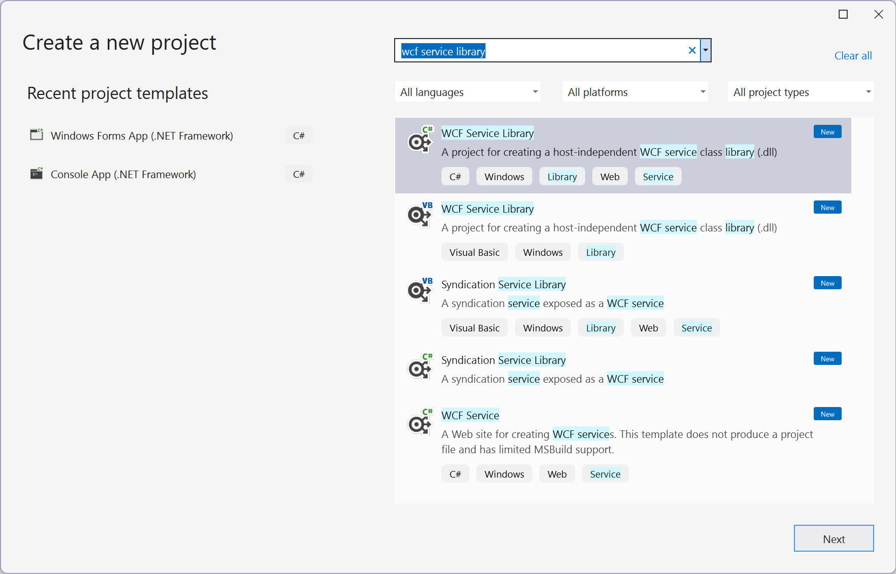 Screenshot that shows how to create a WCF Service Library project in Visual Studio.