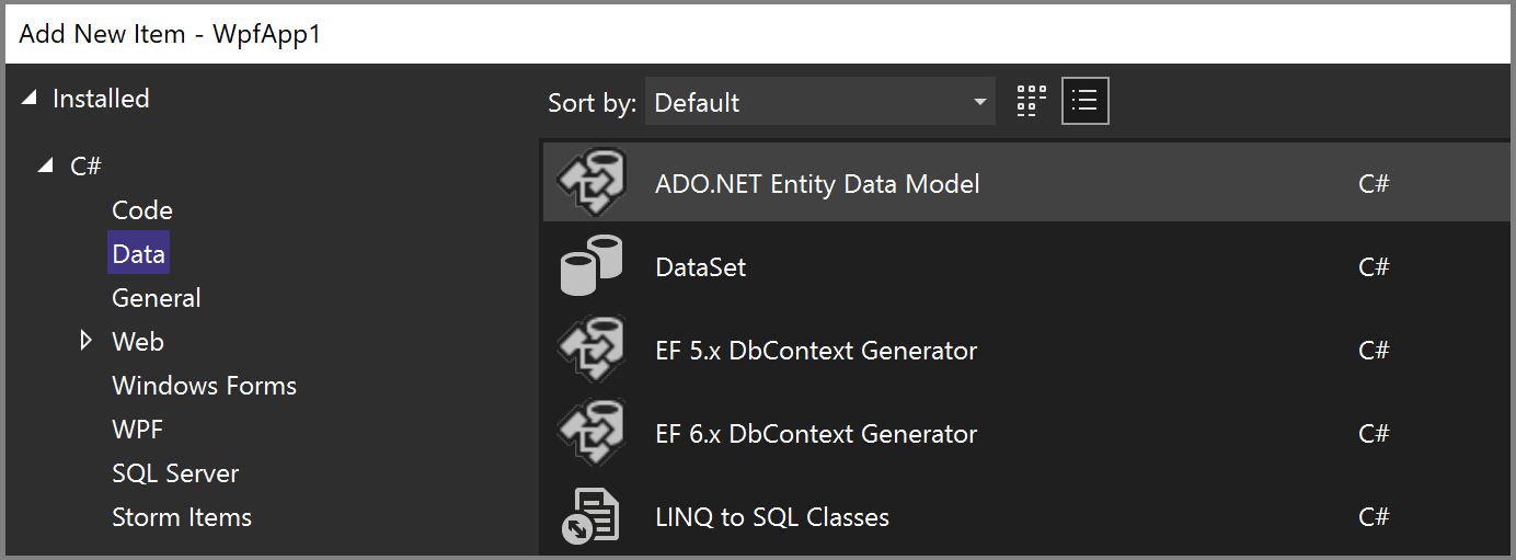 Screenshot that shows the Add New Item window with ADO.NET Entity Data Model selected.