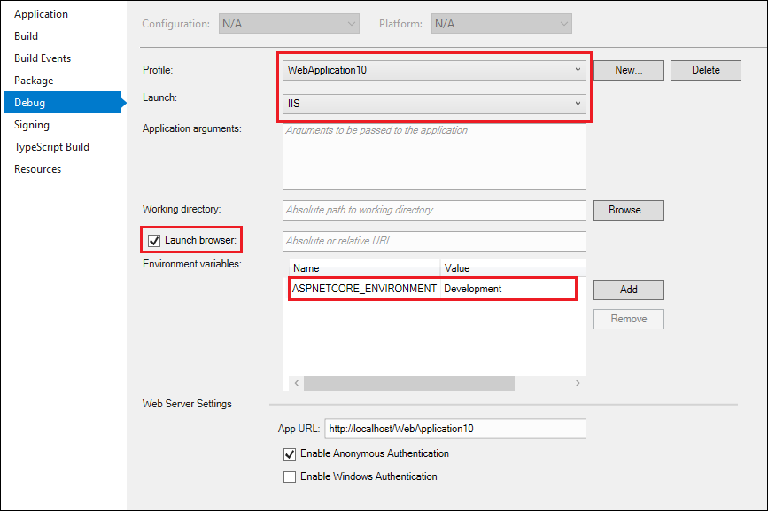 ASP.NET Core debugger settings ASP.NET Core debugger settings