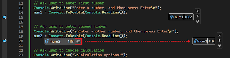 Screenshot that shows how to pin a data tip and move it to any ___location on the code editor surface.