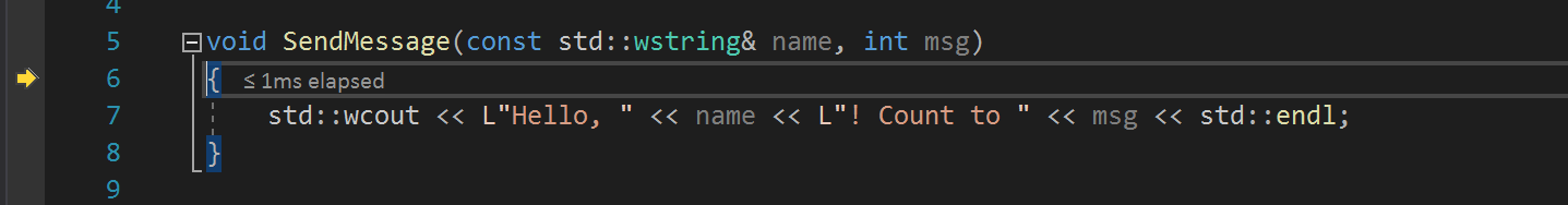 Screenshot that shows the debugger stepped into the SendMessage method and the yellow pointer indicating the pause ___location.
